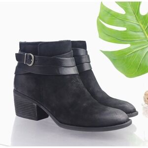 Born Womens Payton Boots Size 10 Black Distressed Suede Block Heel Bootie Buckle